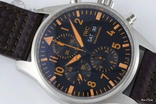 MIROTIME 0118 Pilot Chrono SS AZF 1:1 Best Edition Black Dial Orange Markers on Brown Leather Strap A EasyCare 7065